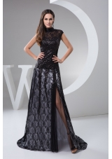 High-neck Column Brush Train Beaded Black Lace Prom Dress