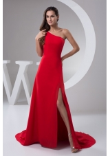 Red Brush Train Prom Holiday Dress with One Shoulder and High Slit