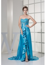 Ruching Embroidery Ruffles Slit Sweetheart Prom Dress with Brush Train
