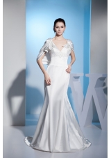 Special Style Beaded V-neck White Bridal Dresses Court Train