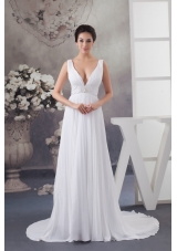Adorable White Court Train Plunging V-neck Pleated Wedding Dress