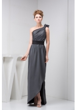 Asymmetrical Floor-length Ruched Grey Prom Graduation Dress