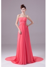 Beaded and Ruched Watermelon Chiffon Prom Dresses with Watteau Train