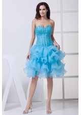 Beading and Ruffled Layers Accent Organza Prom Dresses in Aqua Blue