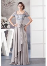 Gray Lace and Chiffon Prom Graduation Dress with Short Sleeves