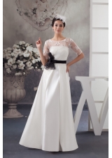 Half-sleeve Column White Wedding Dresses with Black Handmade Flower