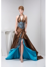 Halter Beaded Brown Prom Holiday Dress with Court Train