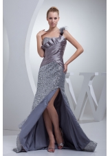 One Shoulder High Slit Sequins Over Skirt Silver Prom Evening Dress