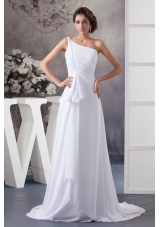 Ruched and Beaded Cool Neckline with Brush Train and One Shoulder