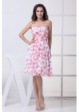 Ruched and Pleated Knee-length Printing Chiffon Prom Dresses Strapless