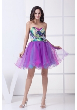 Ruching and Flower Accent Mini Organza Prom Dresses with Colorful Print
