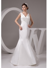 V-neck Mermaid Wedding Dresses in White with Ruche Floor-length