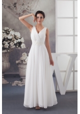 V-neck Ruched Ankle-length White Wedding Dress with Appliques