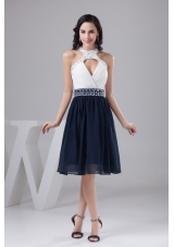 White and Navy Blue Halter Prom Cocktail Dress with Beading