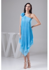 Asymmetrical Aqua Blue Chiffon Prom Dress with Pleats and Flower