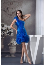 Blue Column One Shoulder Prom Dress with Ruching and Organza Layers
