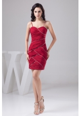Dark Red Spaghetti Straps Ruched Beaded Prom Dress Mini-length
