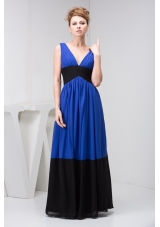 Floor-length V-neck Column Blue and Black Prom Dress with Ruche