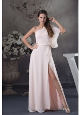 Peach One Shoulder Short Sleeves Chiffon Prom Dresses