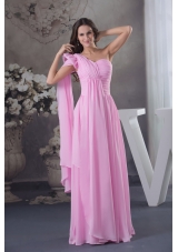 Pink One Shoulder Floor-length Prom Dress with Watteau Train