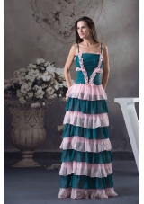 Ruched and Ruffled Teal and Pink Prom Holiday Dress with Straps