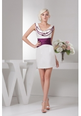 Ruches and Ruffles Accent Mini Wedding Dresses in White and Eggplant Purple