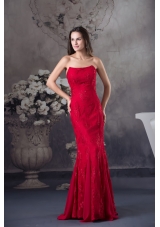 Strapless Beaded Lace Accent Floor-length Red Prom Formal Dress