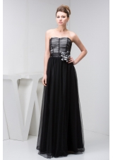 Tulle Column Sweetheart Black Prom Dress with Handmade Flower