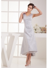 V-neck Tea-length Silver Bridal Dresses with Sequins Over Skirt