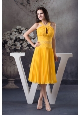 Yellow Column Knee-length Prom Dress with Beading and Keyhole