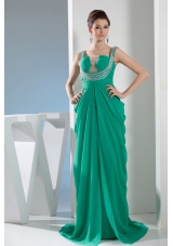 Beautiful Sweep Train Green Prom Dress with Ruching and Beading