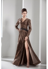 Fashion V-neck Long Sleeves Leopard Prom Dress