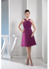 Knee-length Straps Ruched Purple Prom Dress