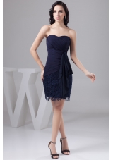 Navy Blue Bowknot Decorate Prom Gown Dress in Chiffon and Lace