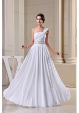 Pleating One Shoulder Wedding Gown Decorated with Beading Ribbon