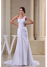 Pure One Shoulder Court Train Ruched Chiffon White Wedding Dress