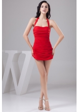 Sexy Column Halter Short Red Cocktail Prom Dress with Ruching