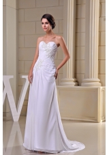 Sweetheart Brush Train Wedding Dresses in White Decorated with Beading and Ruching