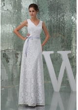 V-neck Sheath Lace Wedding Dress in Gray Decorated with Bowknot