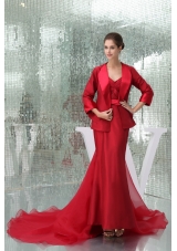 Ankle-length Sheath Sweetheart Bridal Gown in Red with Watteau Train and Sash