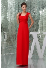 Ankle-length Square Neck Ruched Red Prom Dress with Cutouts on Back