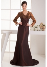 Brown Brush Train Prom Dress with Long Sleeves and Appliques