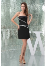 Elegant Satin Black Strapless Prom Dress with White Streak Mini-length