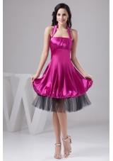 Fuchsia Halter-top Ruche Puffy Prom Dress in Satin and   Tulle