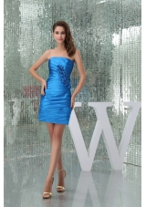 Hot Sale Blue Ruched Prom Dress with Handmade Flower Mini-length