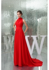 Pretty Chiffon High-neck Red Prom Dress Court Train in the Mainstream