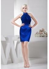 Royal Blue Mini-length High-neck Ruched Beaded Prom Dress