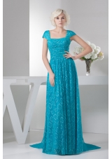 Teal Square Brush Train prom Dress with Cap Sleeves 2013