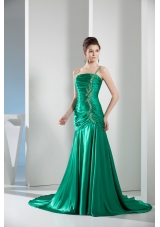 2014 Green One Shoulder Column Ruching Prom Gowns for Party