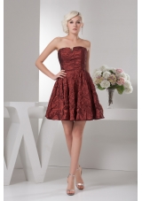 A-line Burgundy Mini-length Prom Dress Special Fabric Slot Neckline
